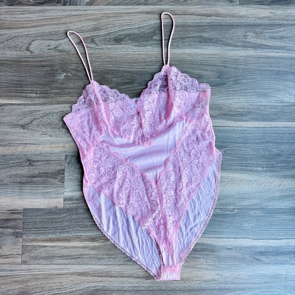 Coquette 90s Delicates Light Pink Lace Teddy High Cut Sheer Mesh‎ Lingerie - Picture 2 of 13